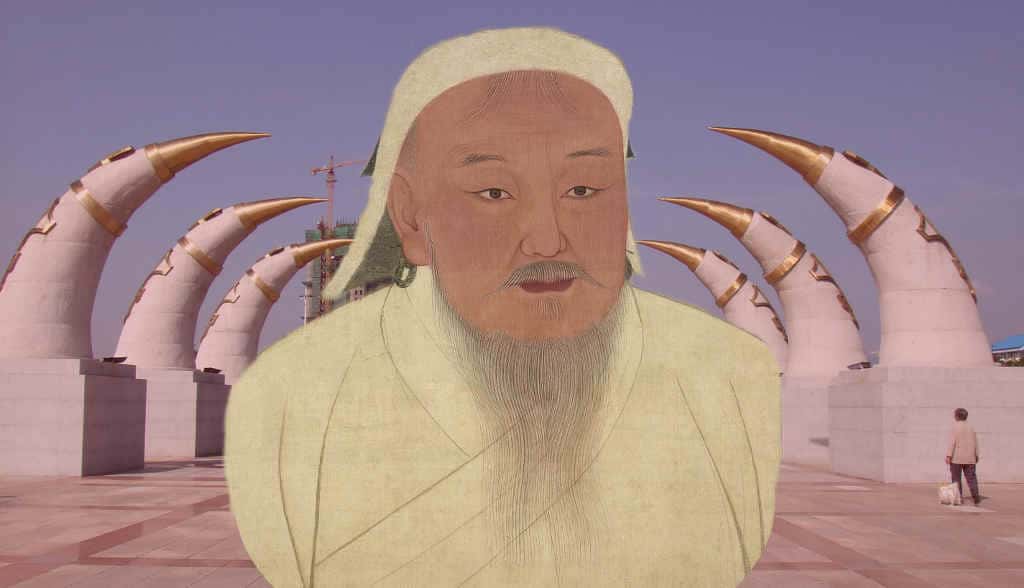 Monumento a Gengis Kan con retrato súperpuesto